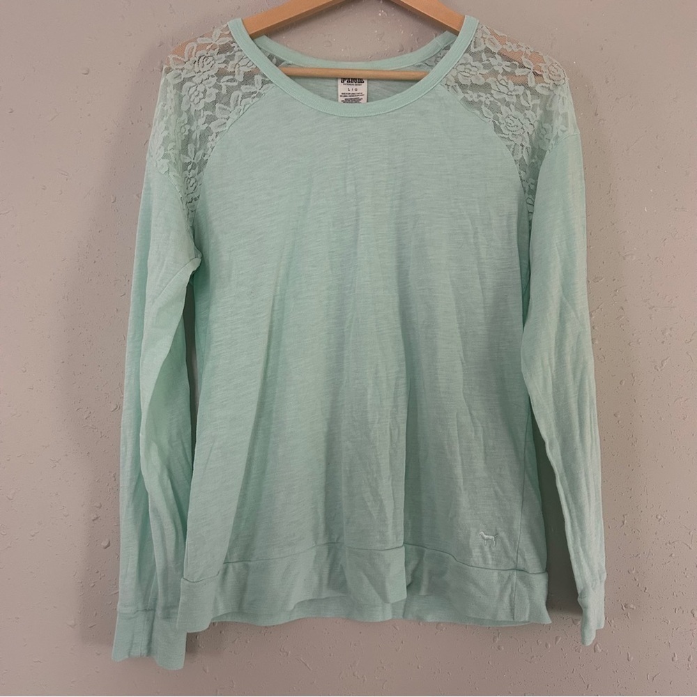 🦋PINK Victoria's Secret Mint Green Lace Shoulder Blouse Casual Comfy Pastel